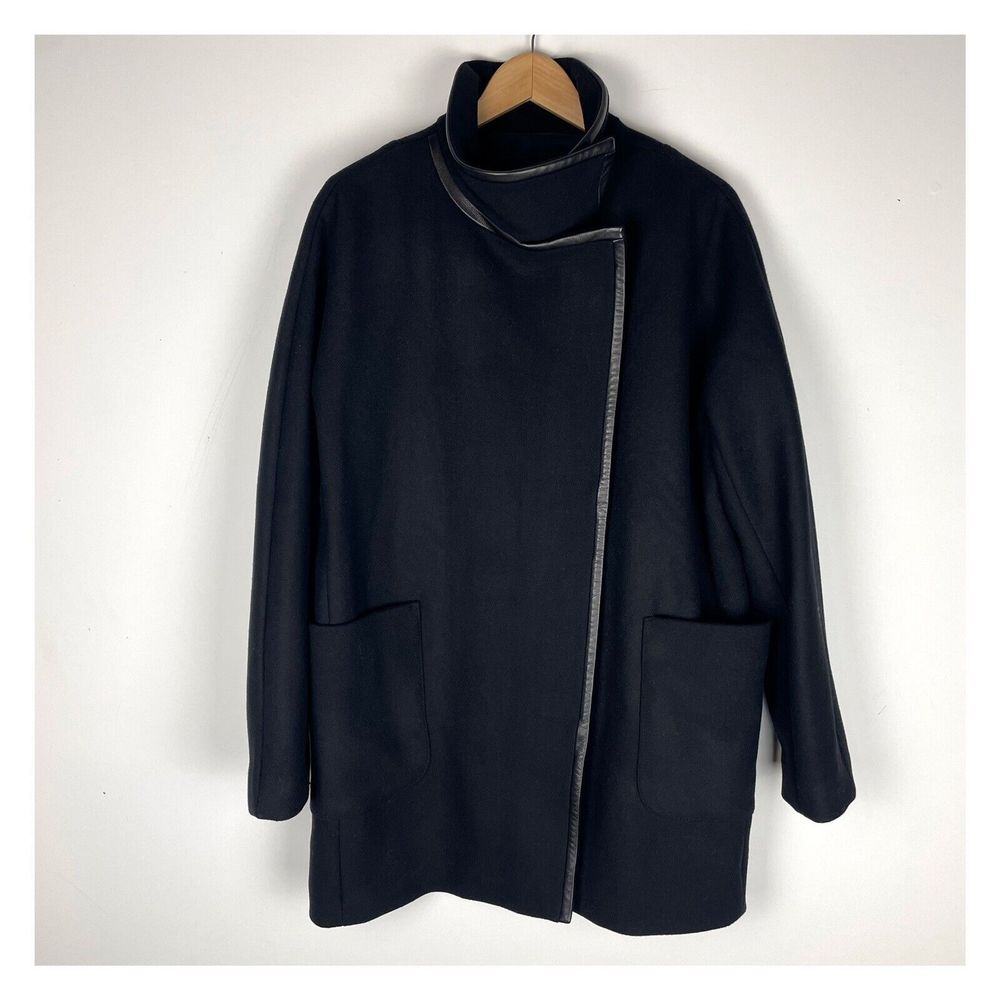 Madewell Coat Womens Size 12 Zip Wool Blend Leather Trim City Grid Classic Black